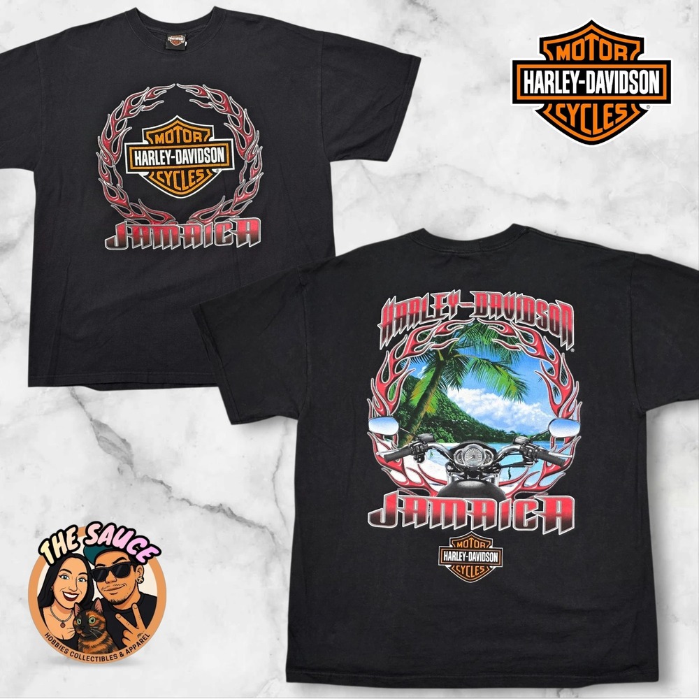 Harley-Davidson T-Shirt Mens XL Black Jamaica Graphic Flame Logo Moto Bike Edgy